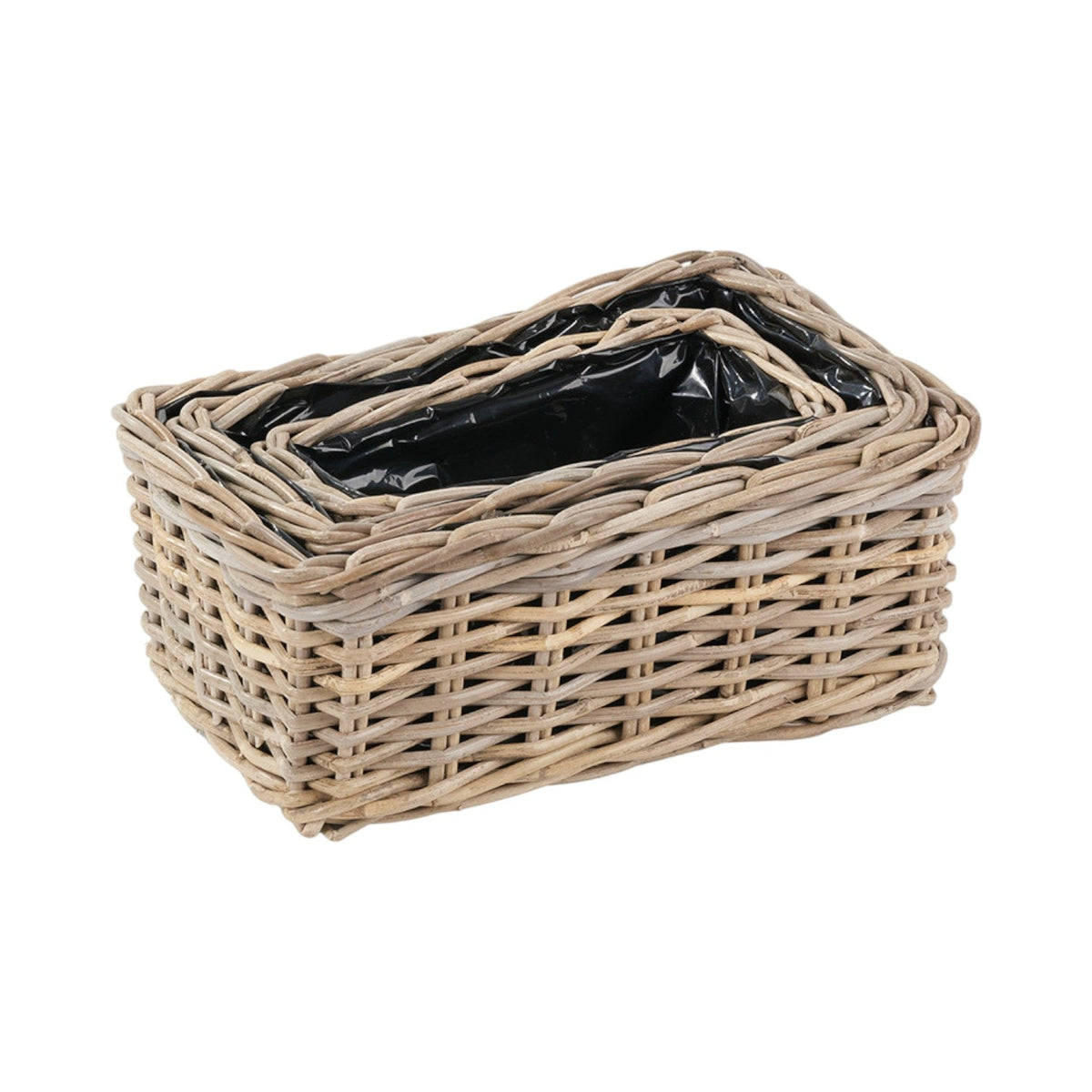 Set of 3 Indoor Outdoor Grey Kubu Rattan Rectangular Basket Planters