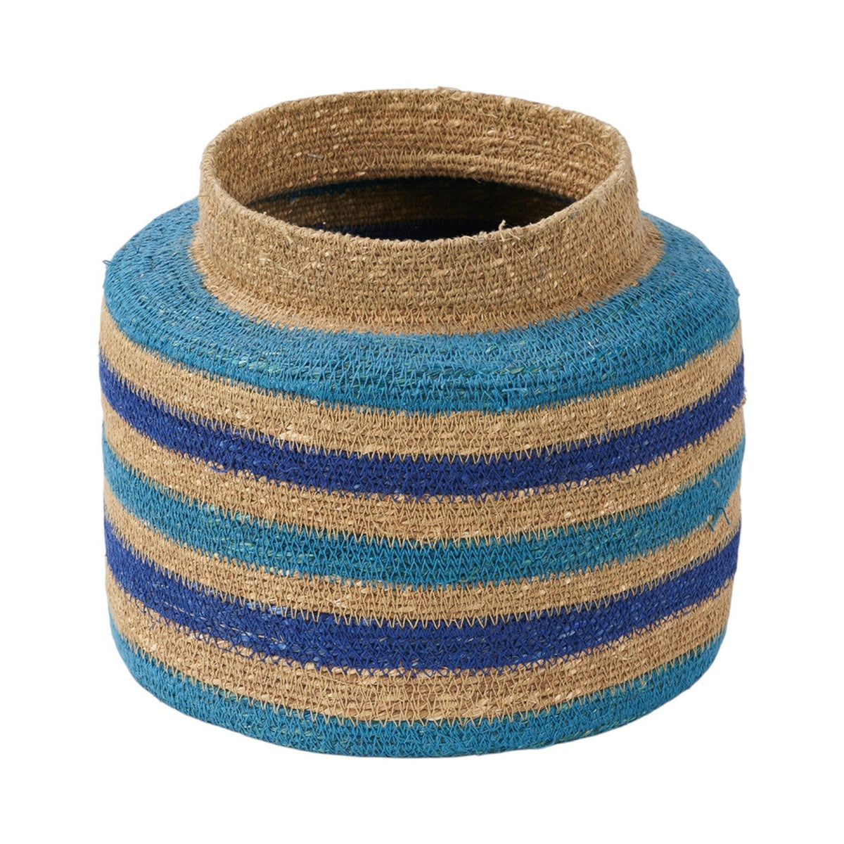 Seagrass Natural, Blue and Turquoise Stripe Round Basket