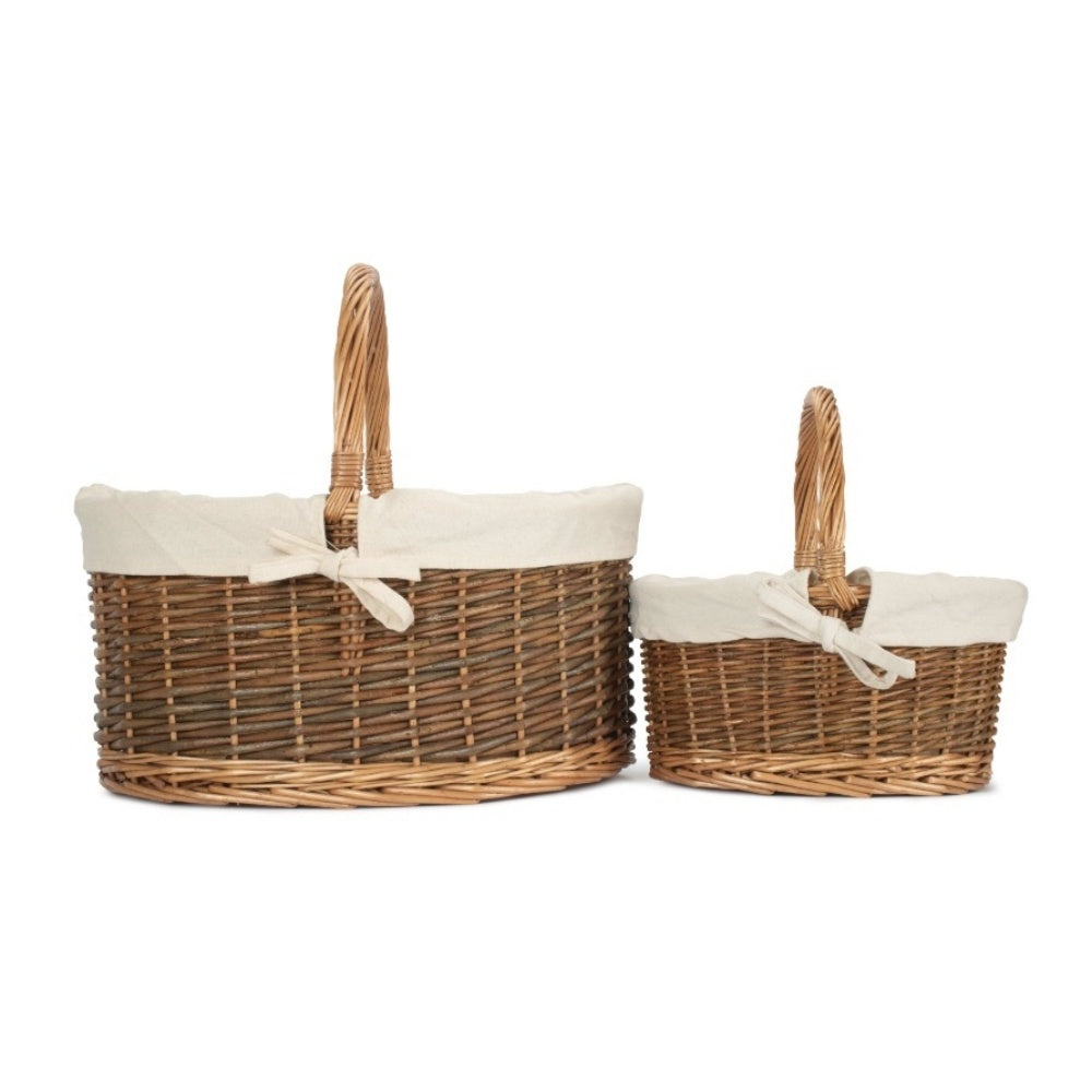 White Cotton Lined Country Oval Wicker Shopping Basket