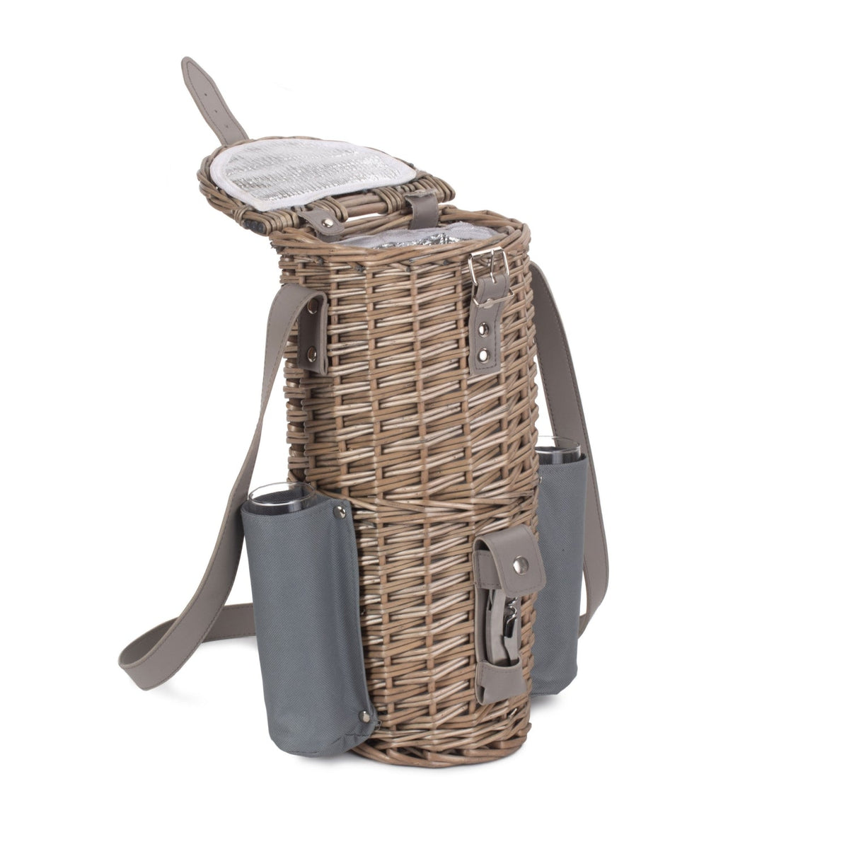 Single Bottle Wicker 2 Champagne Glass Carrier With Shoulder Strap