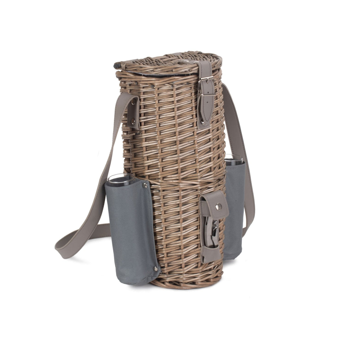 Single Bottle Wicker 2 Champagne Glass Carrier With Shoulder Strap
