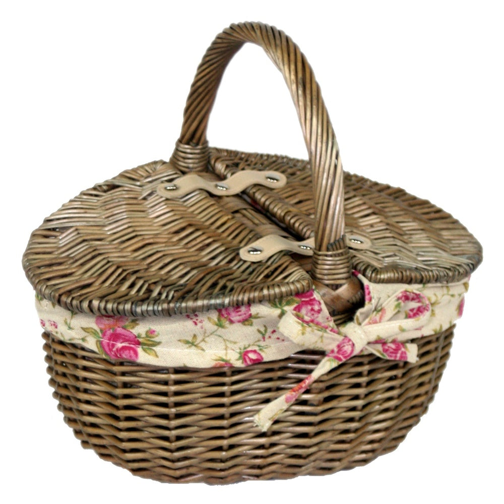 Small Antique Wash Double Lidded Oval Shopping Basket