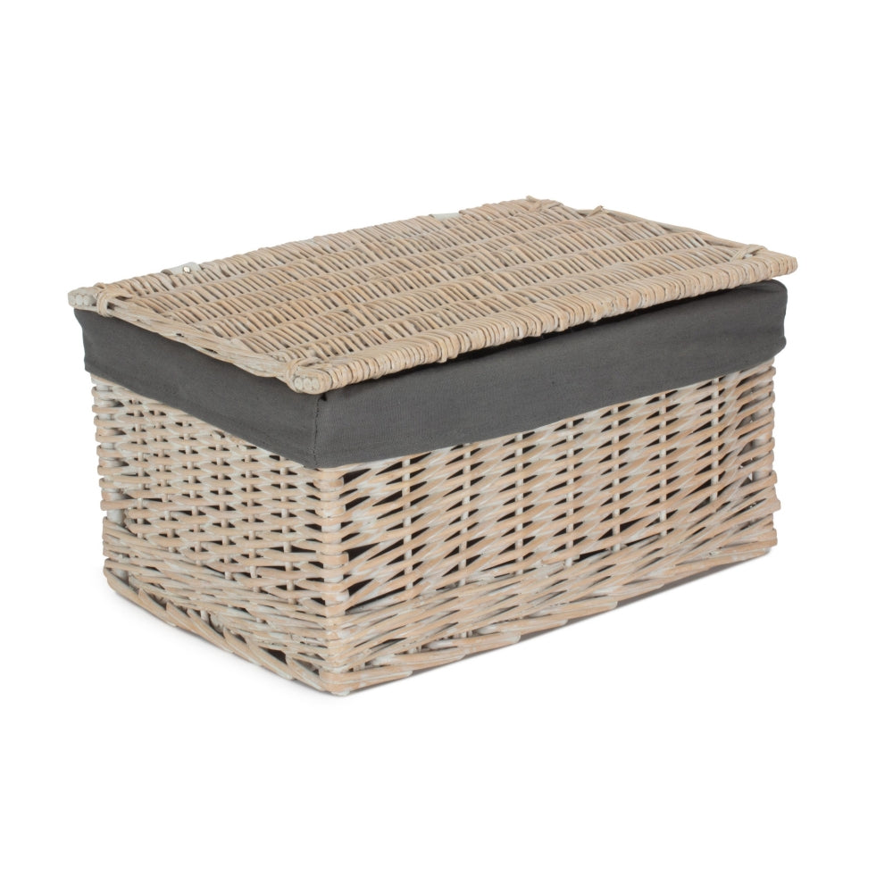 Whitewash Steamed Grey Cotton Lined Wicker Storage Basket