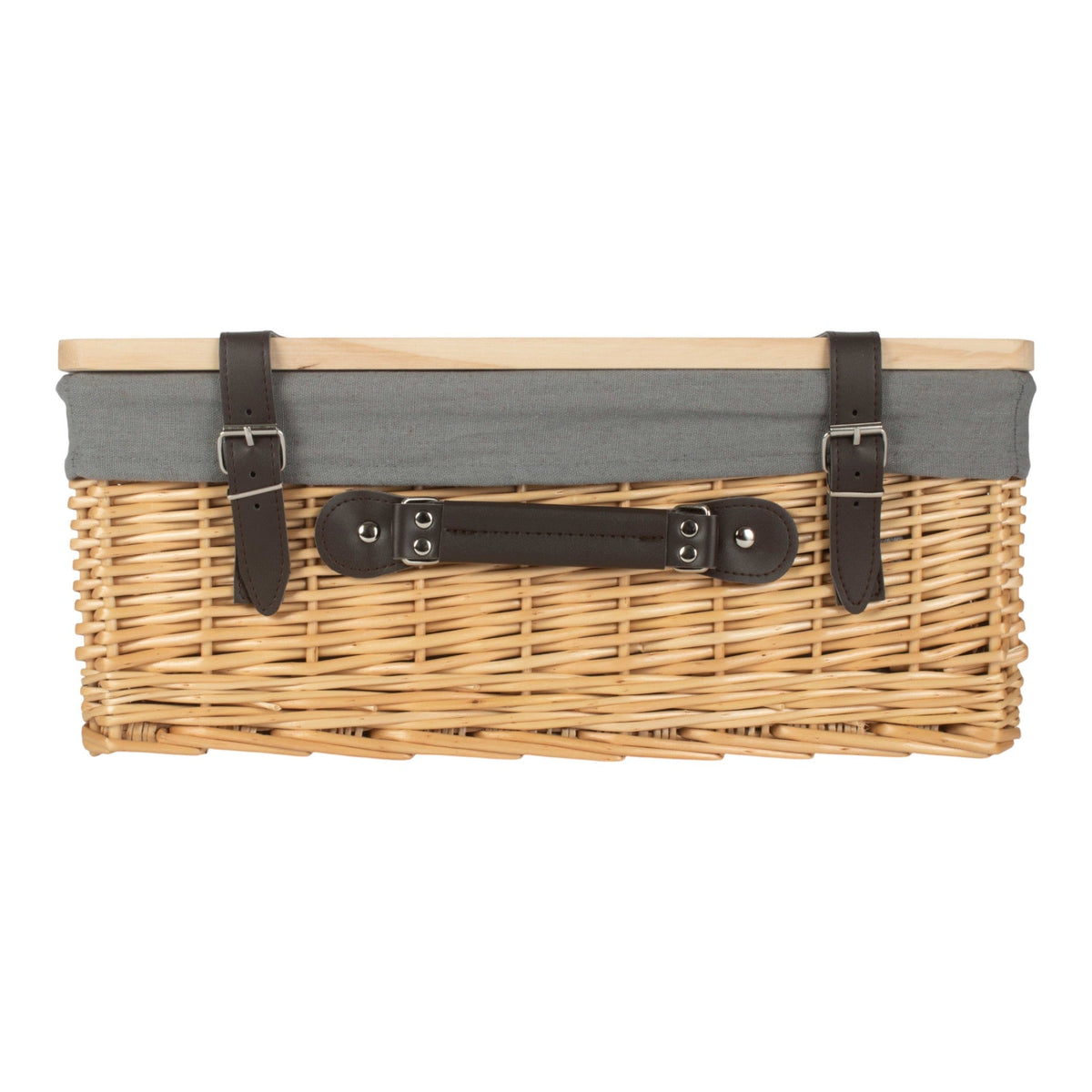 Buff Grey Lined Willow Empty Picnic Basket with Pinewood Lid