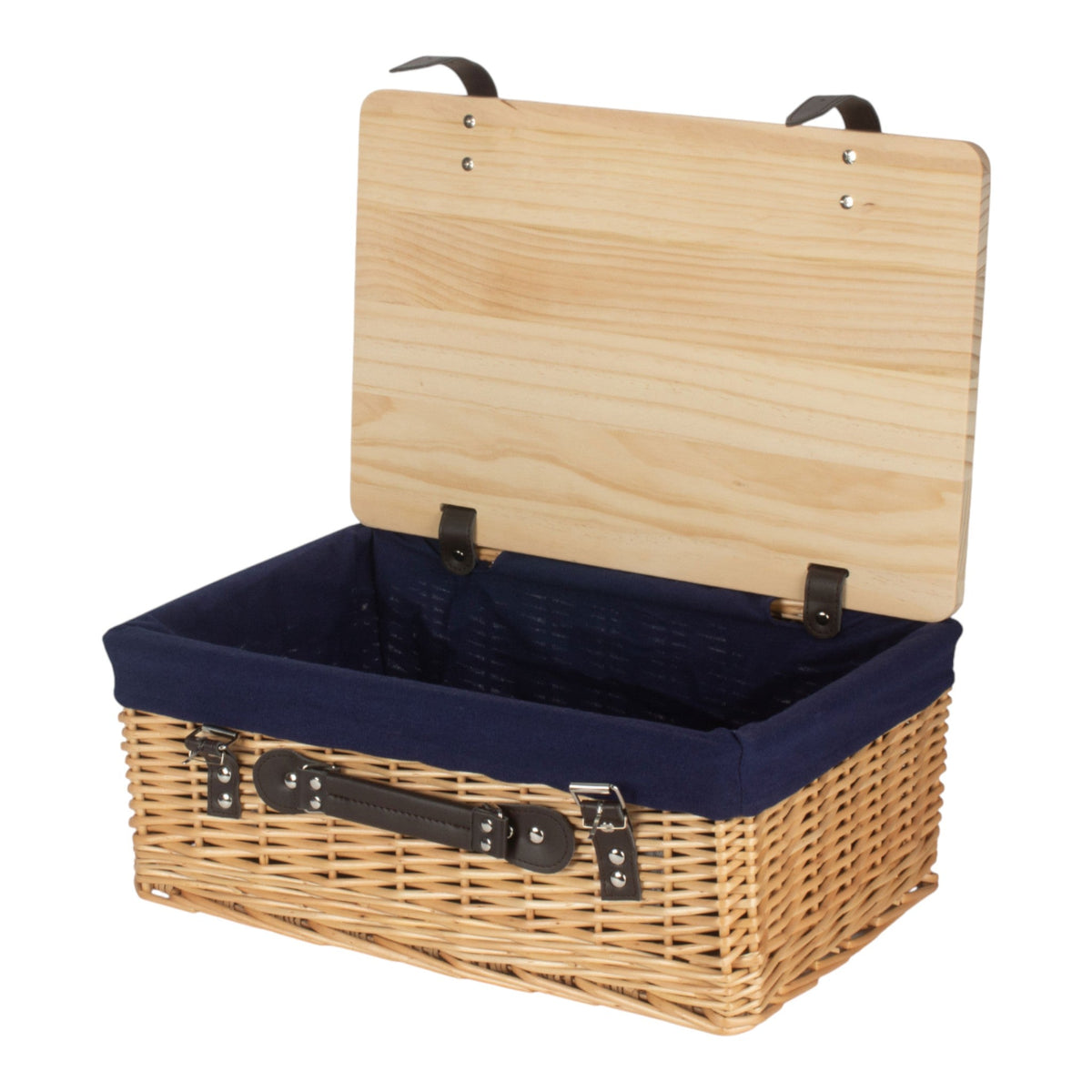 Buff Navy Lined Willow Empty Picnic Basket with Pinewood Lid