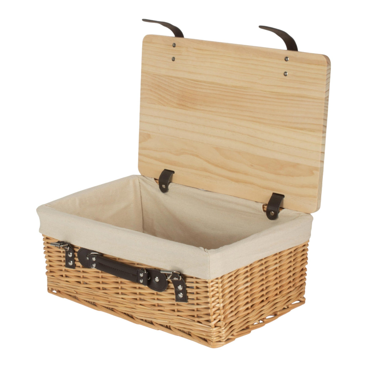Buff White Lined Willow Empty Picnic Basket with Pinewood Lid