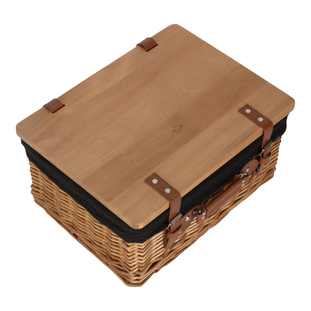 Double Steamed Black Lined Willow Empty Picnic Basket with Pinewood Lid