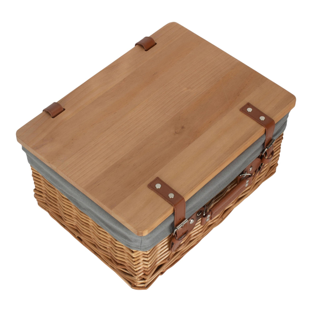Double Steamed Grey Lined Willow Empty Picnic Basket with Pinewood Lid