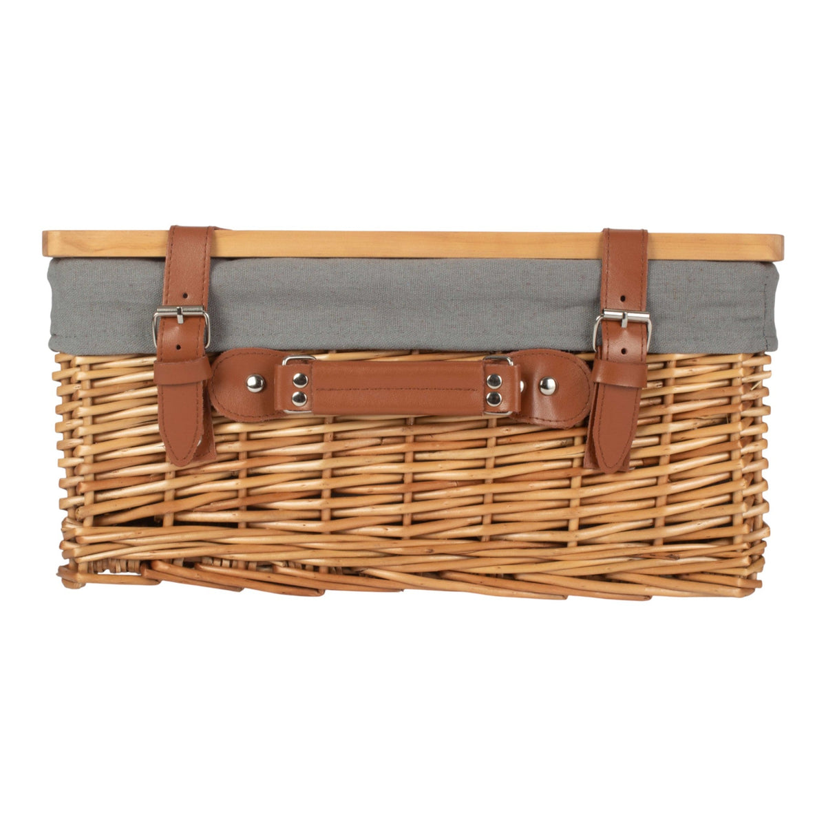 Double Steamed Grey Lined Willow Empty Picnic Basket with Pinewood Lid