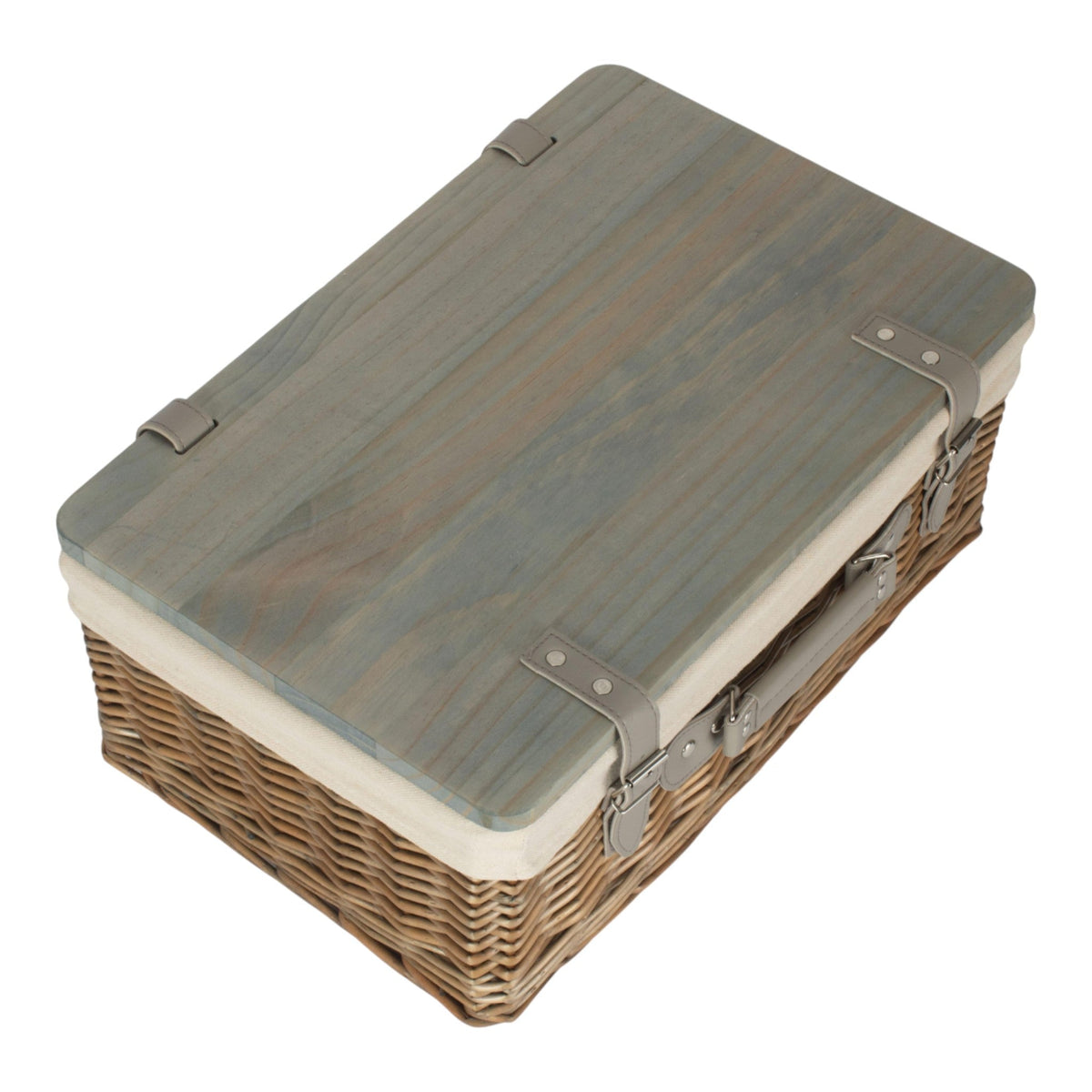 Antique Wash White Lined Willow Empty Picnic Basket with Pinewood Lid