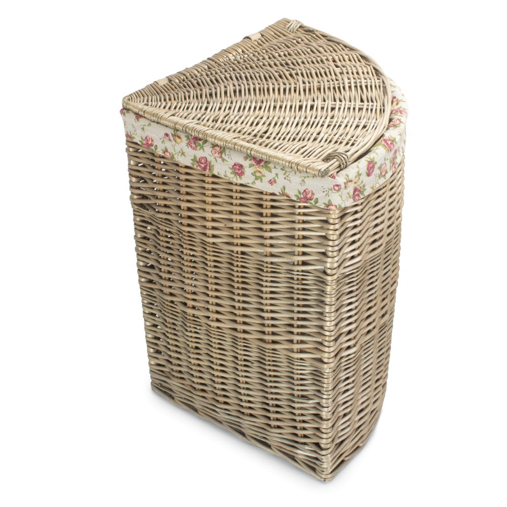 Antique Wash Corner Garden Rose Cotton Lined Laundry Basket