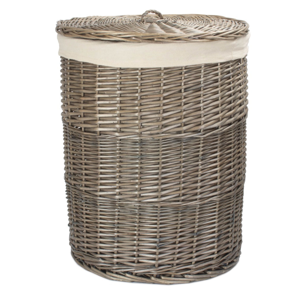 Antique Wash Round White Cotton Lined Laundry Basket