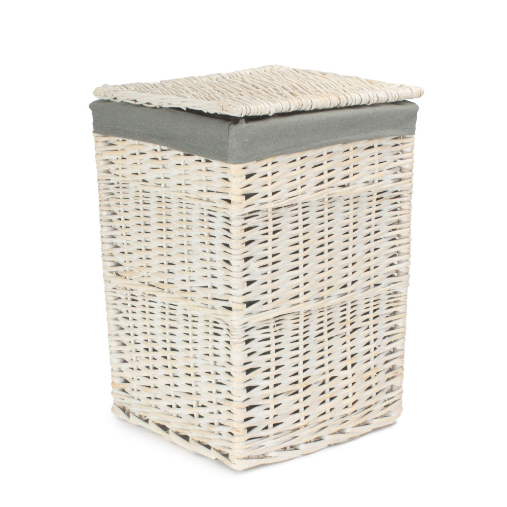 Square White Wash Wicker Laundry Basket with Grey Sage Lining