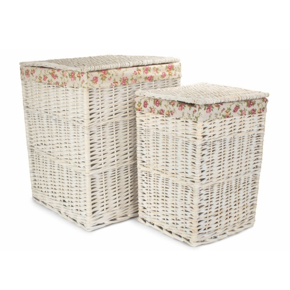 Square White Wash Wicker Laundry Basket Rose Lining