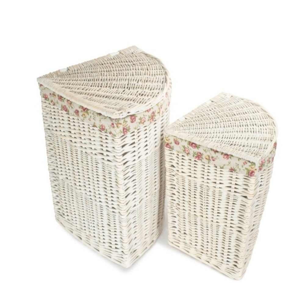 White Wash Corner Wicker Laundry Basket with Lining