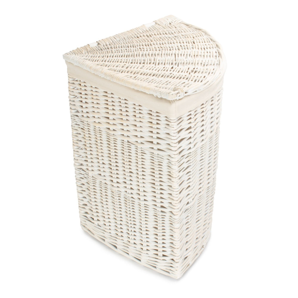 White Wash Corner Cotton Lined Wicker Laundry Basket
