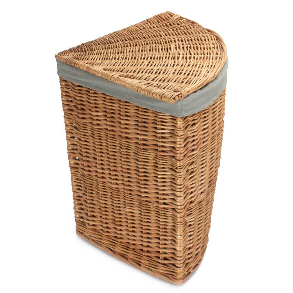 Light Steamed Corner Wicker Laundry Basket with Grey Sage Lining