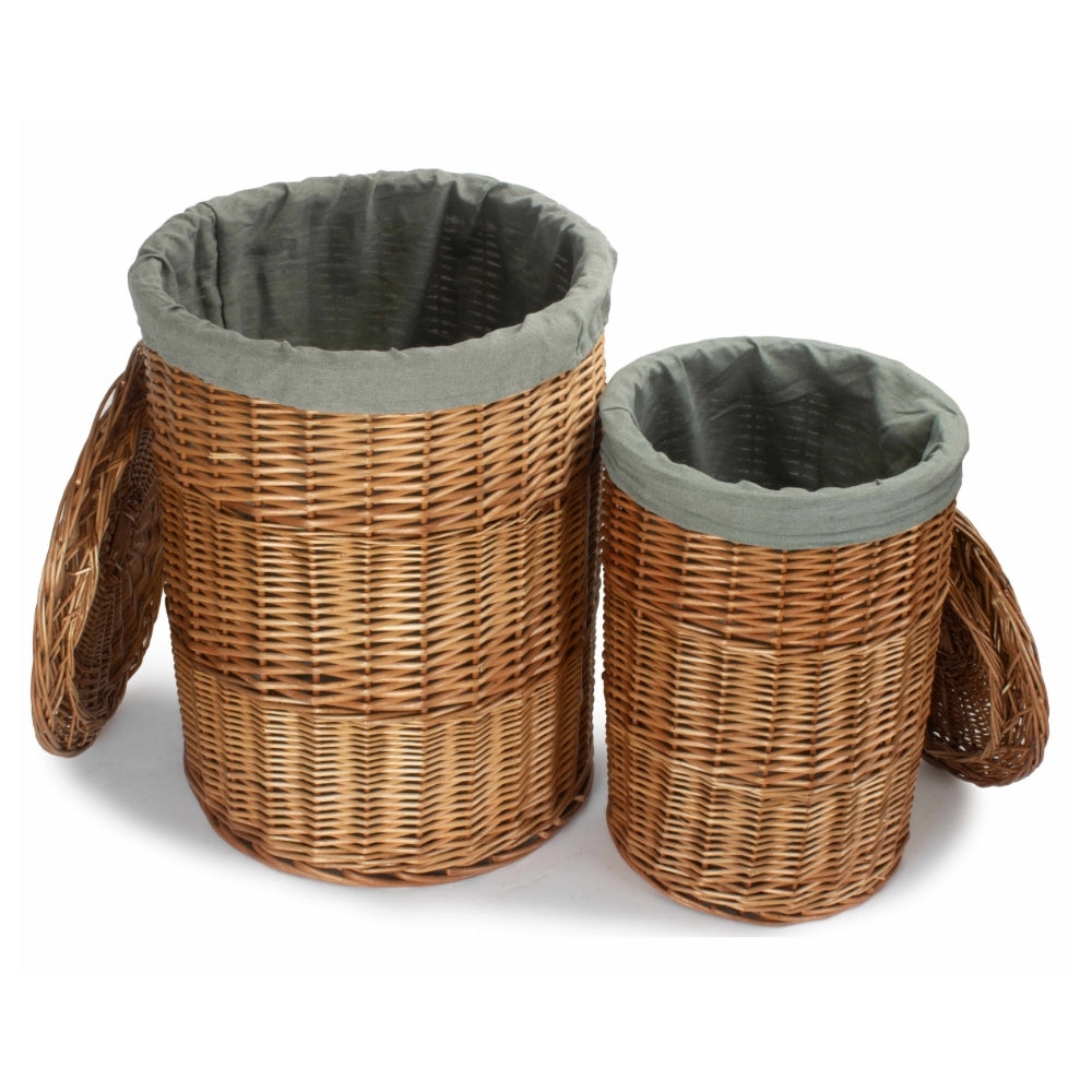 Light Steamed Round Wicker Laundry Basket with Grey Sage Lining