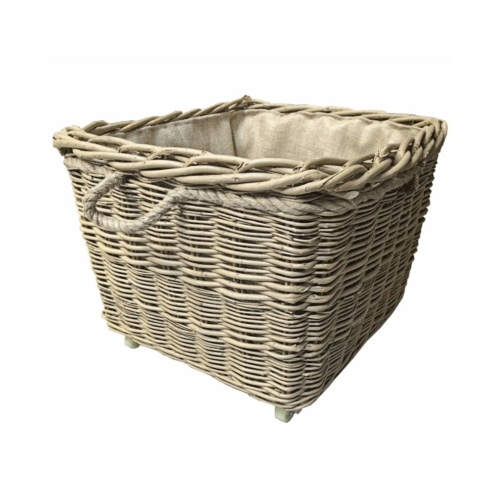 Square Hessian Lined Wheeled Log Basket