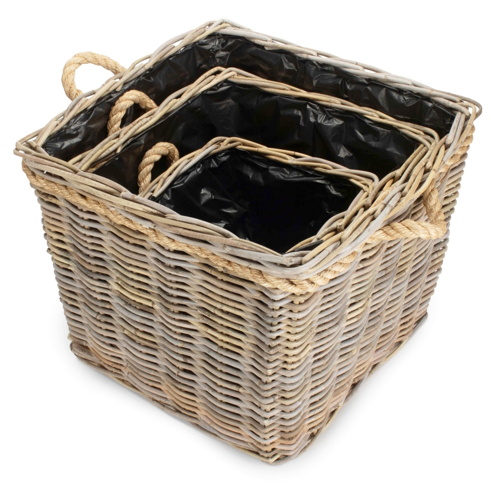 Square Tapered Rope Handled Rattan Planter With Plastic Lining