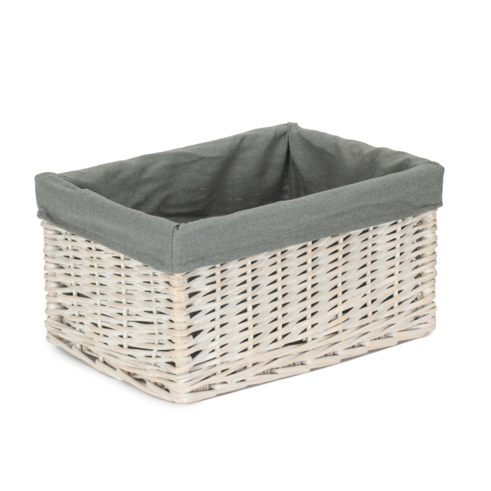Whitewash Grey Lined Open Wicker Storage Basket