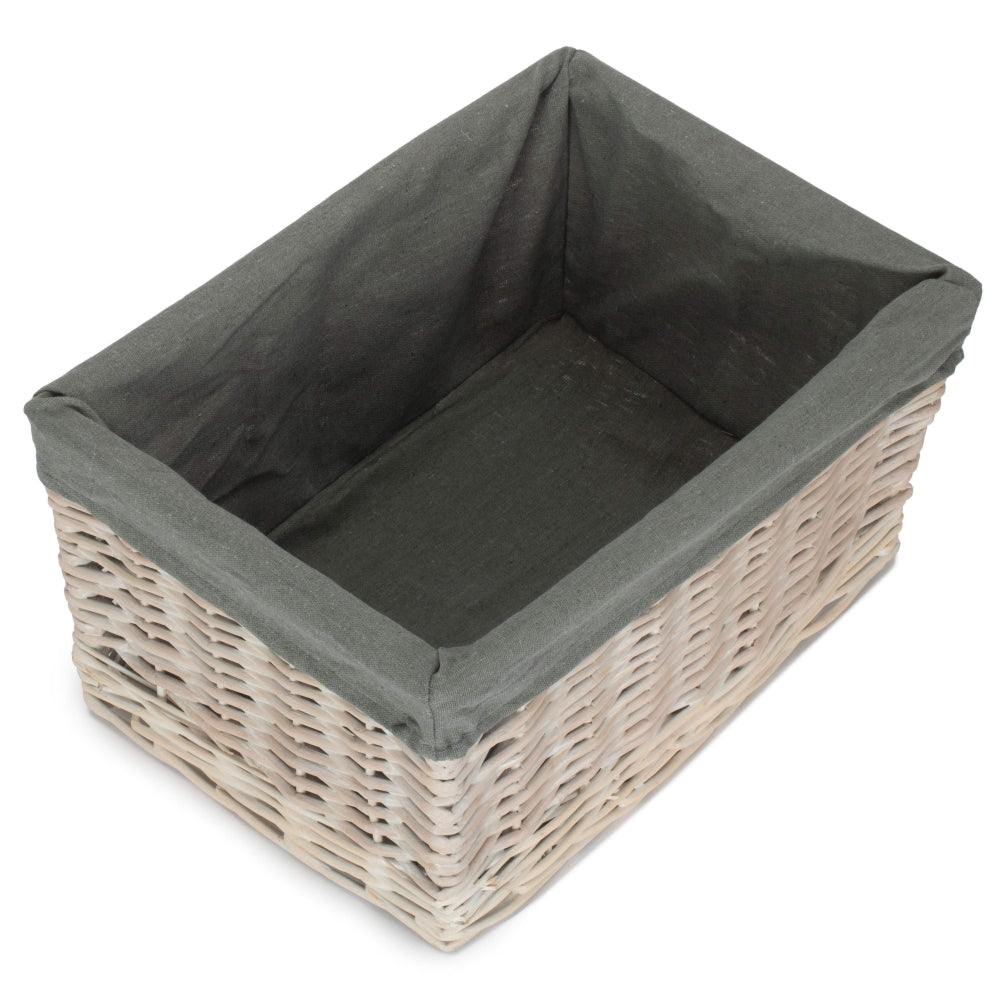 Whitewash Grey Lined Open Wicker Storage Basket