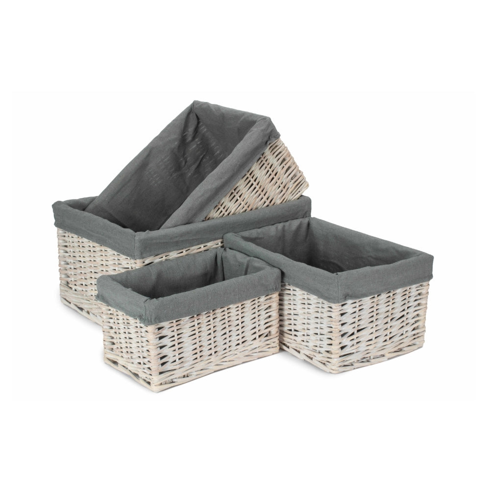 Whitewash Grey Lined Open Wicker Storage Basket