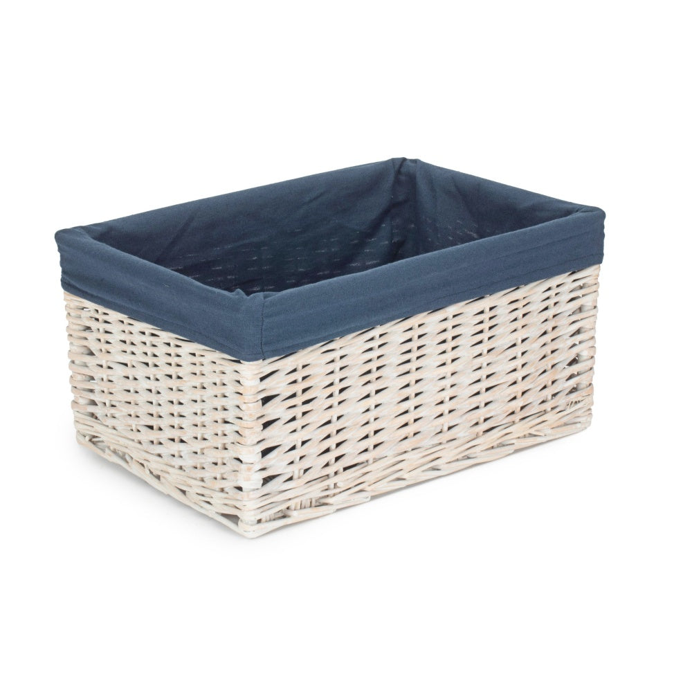 White Wash Navy Lined Open Storage Basket