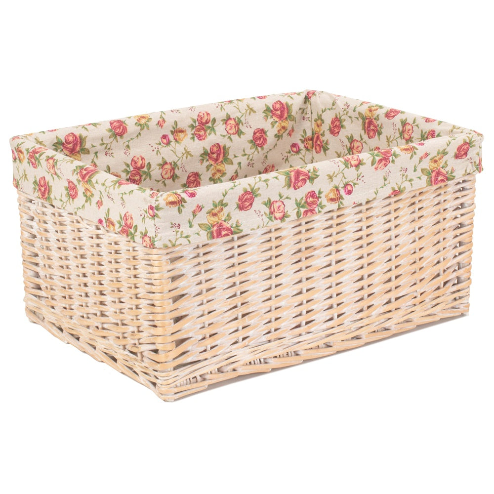Whitewash Garden Rose Lined Wicker Storage Basket