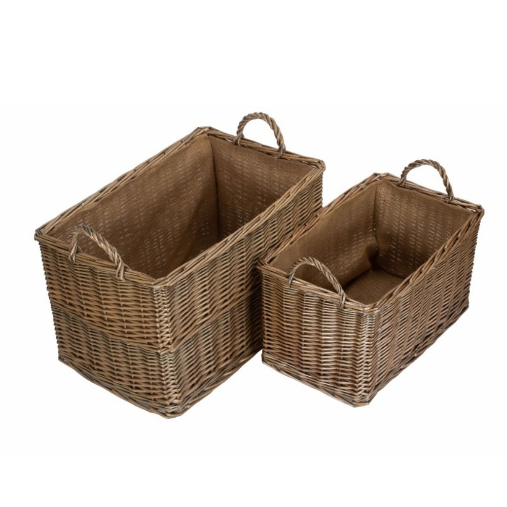 Antique Wash Rectangular Hessian Lined Wicker Log Basket