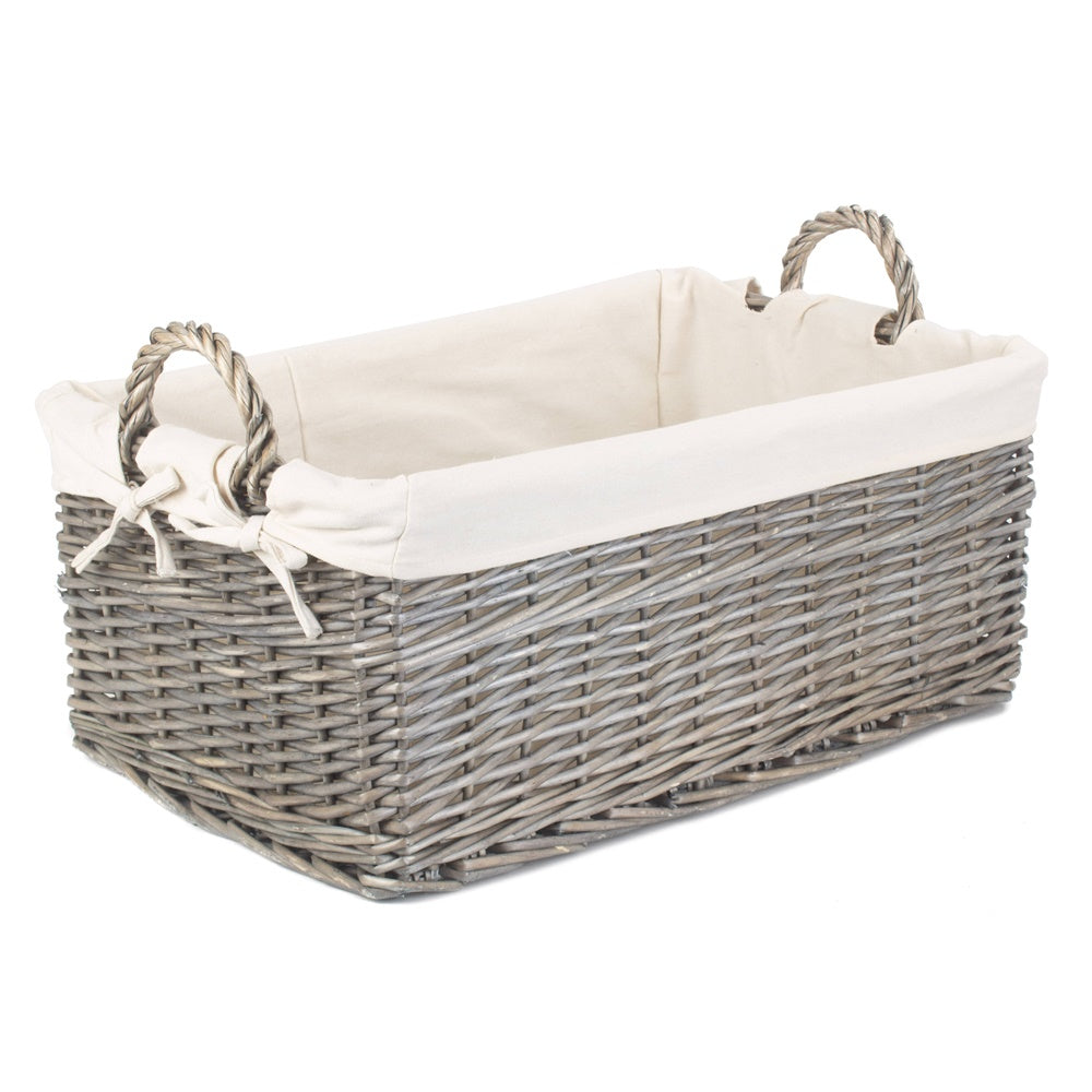 Shallow Cotton Lined Antique Wash Wicker Storage Basket