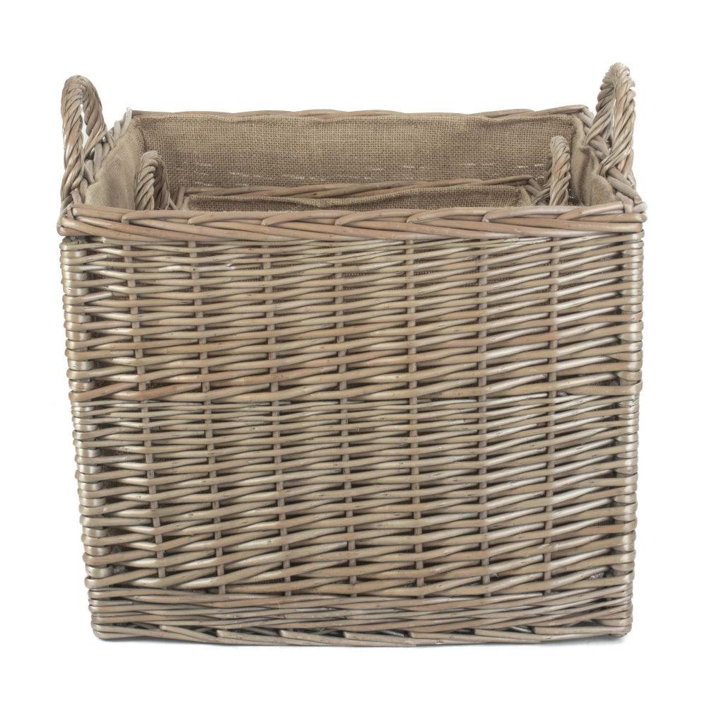Antique Wash Square Hessian Lined Wicker Log Basket