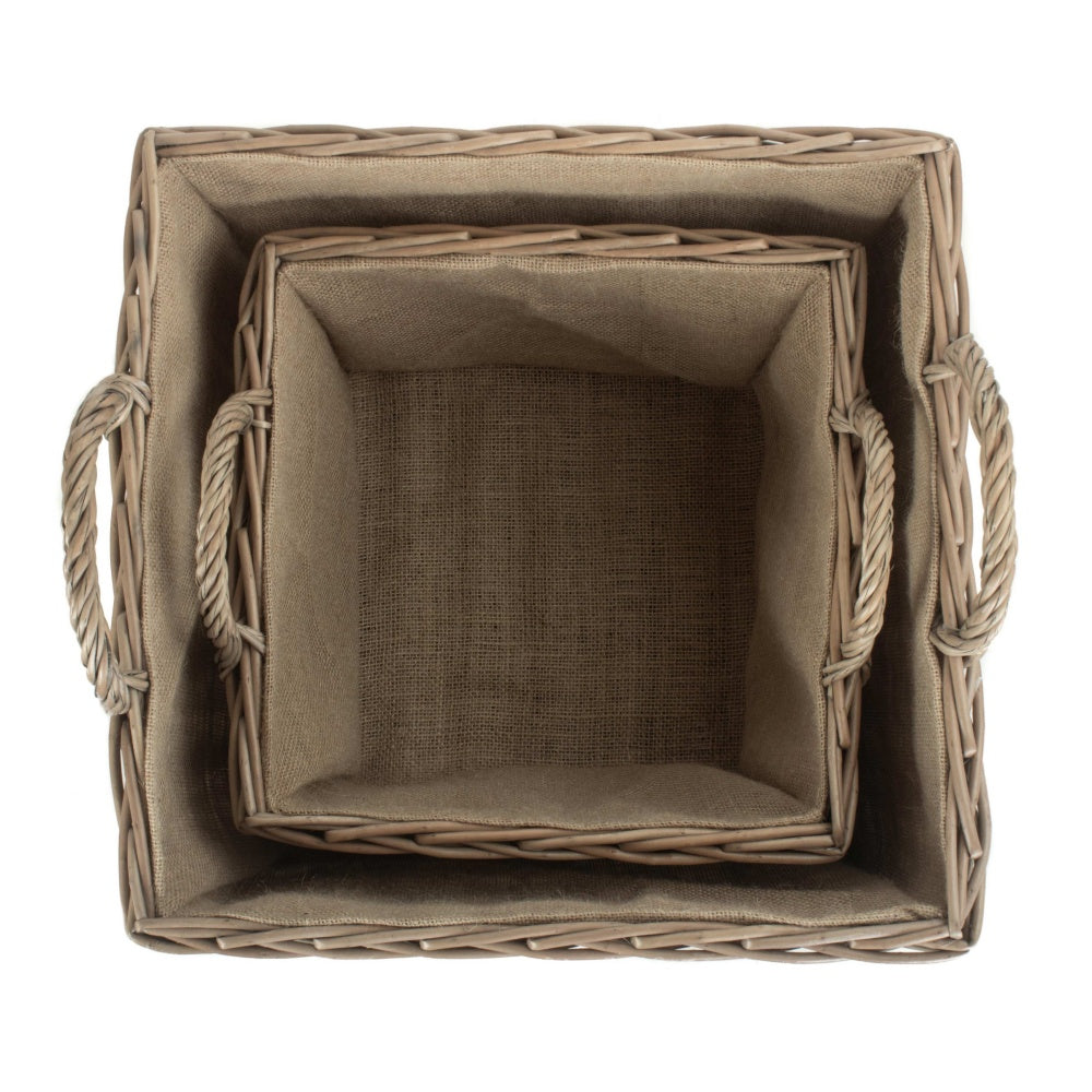 Antique Wash Square Hessian Lined Wicker Log Basket