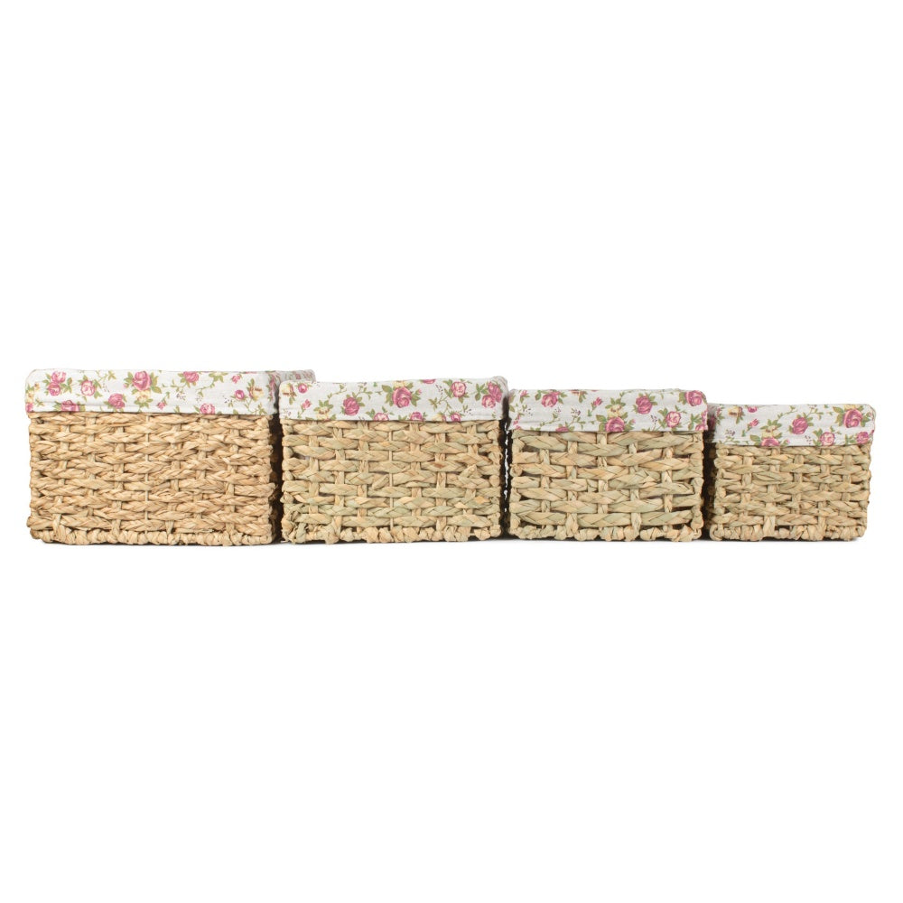 Thatch Grass Woven Storage Basket with Garden Rose Cotton Lining