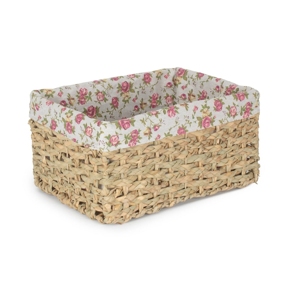 Thatch Grass Woven Storage Basket with Garden Rose Cotton Lining