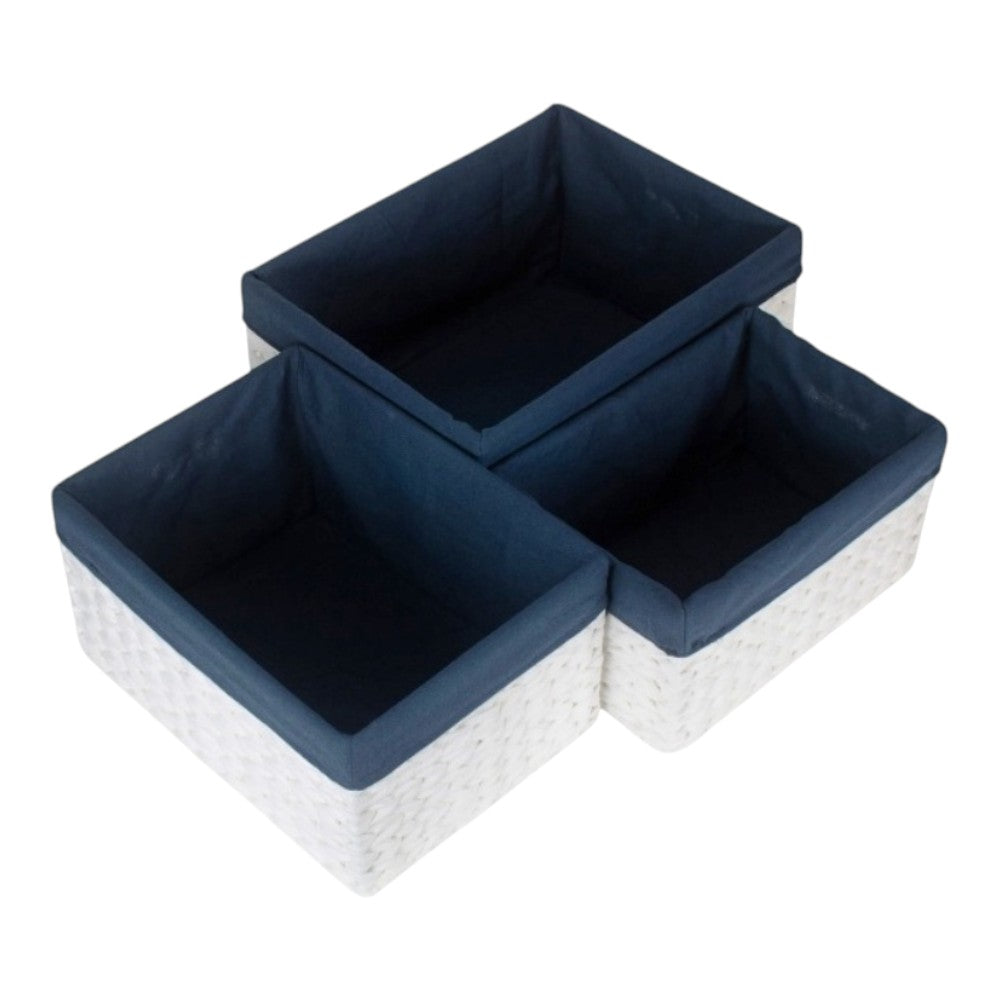 White Paper Rope Rectangular Storage Basket with Navy Blue Cotton Lining