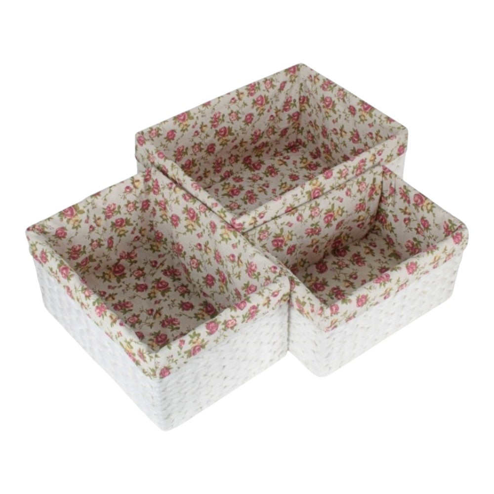 White Paper Rope Rectangular Storage Basket with Garden Rose Cotton Lining