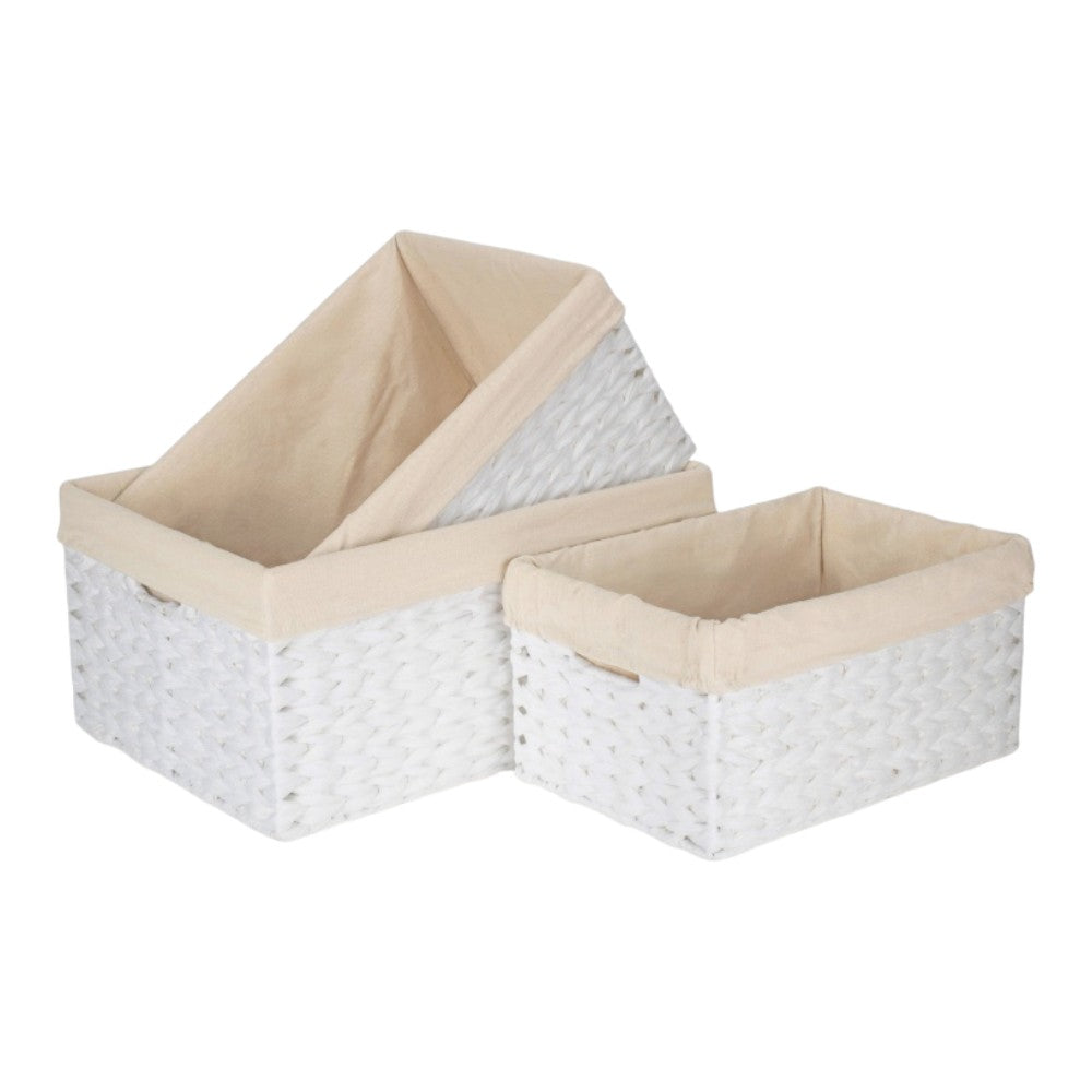 White Paper Rope Rectangular Storage Basket with White Cotton Lining
