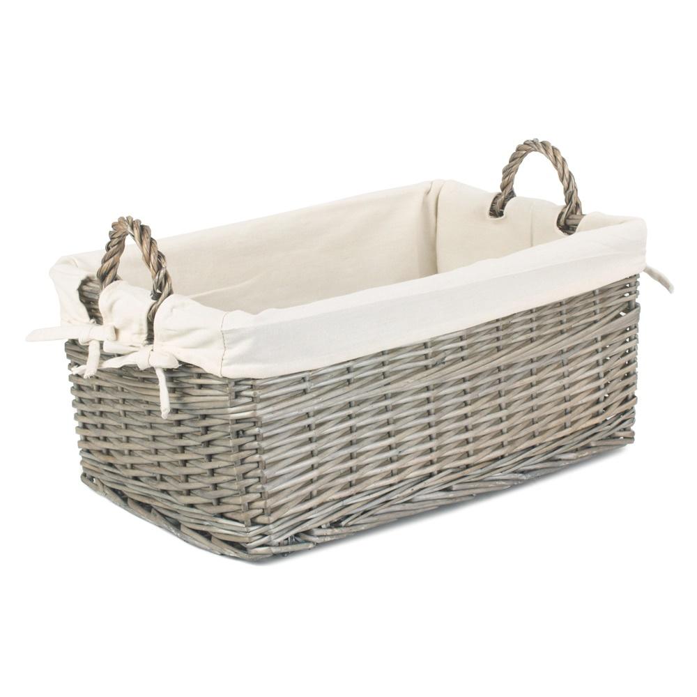 Shallow Cotton Lined Antique Wash Wicker Storage Basket
