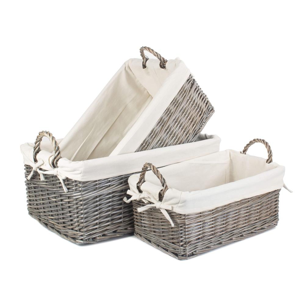 Shallow Cotton Lined Antique Wash Wicker Storage Basket