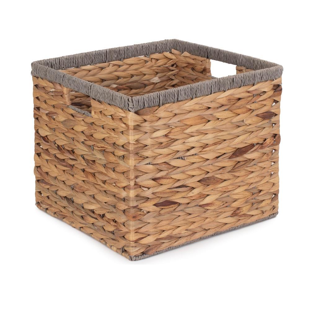 Square Water Hyacinth With Grey Rope Border Storage Basket