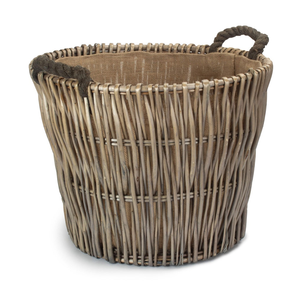 Round Grey Hessian Lined Wicker Log Basket