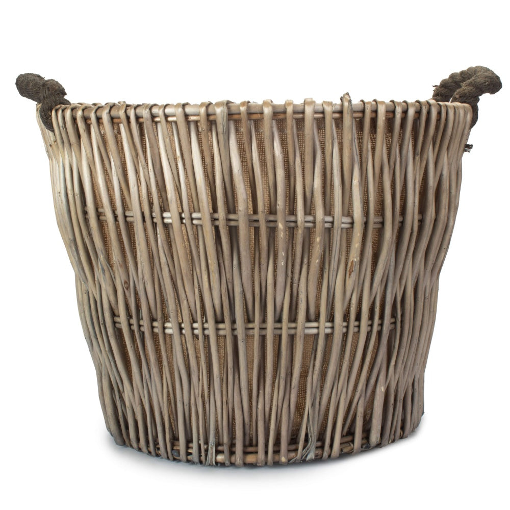 Round Grey Hessian Lined Wicker Log Basket
