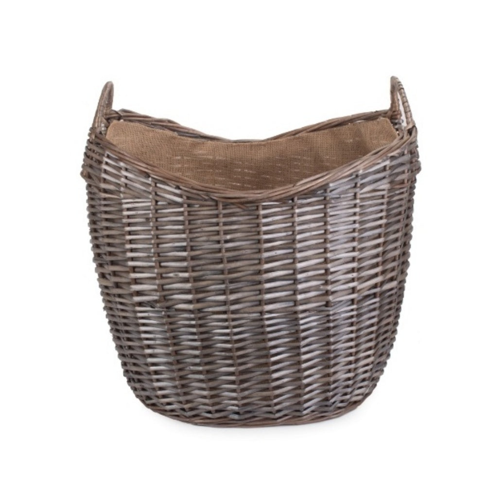 Scoop Neck Antique Wash Hessian Lined Wicker Log Basket
