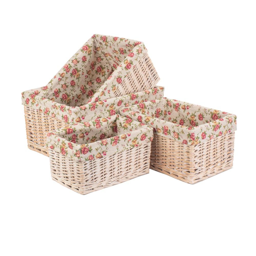 Whitewash Garden Rose Lined Wicker Storage Basket