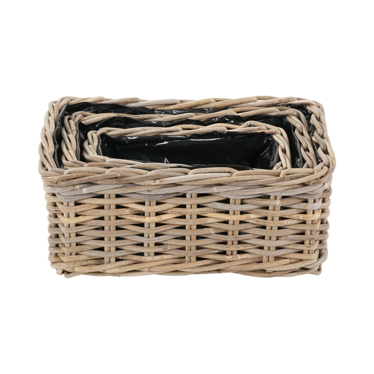 Set of 3 Indoor Outdoor Grey Kubu Rattan Rectangular Basket Planters