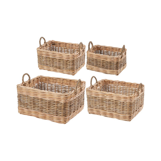 Set of 4 Grey and White Kubu Rattan Rectangular Storage Baskets