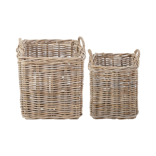 Set of 2 Grey Rattan Square Log Baskets
