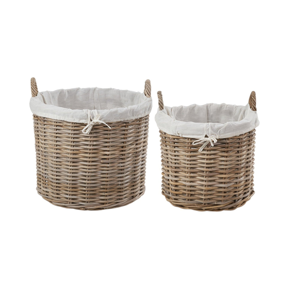 Set of 2 Grey Kubu Rattan Lined Round Log Baskets