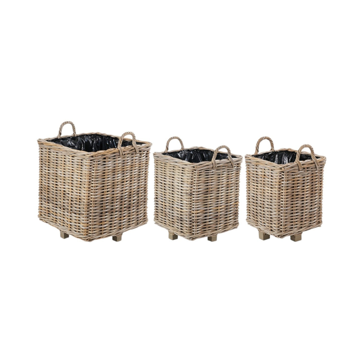 Set of 3 Indoor Outdoor Grey Kubu Rattan Square Basket Planters with Handles